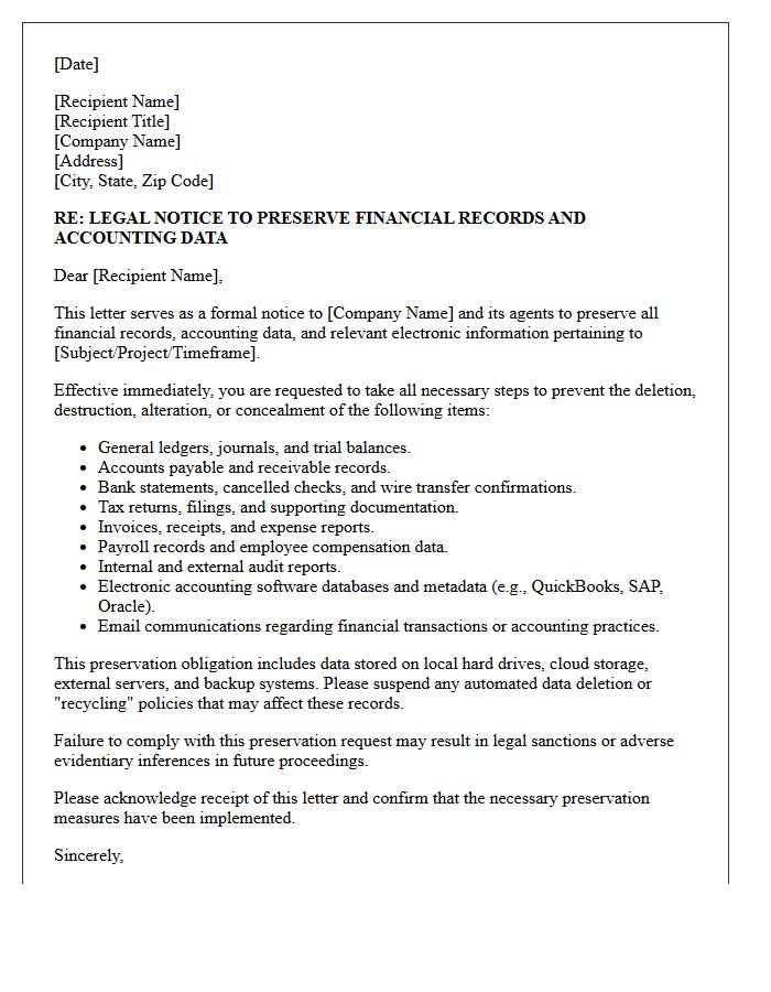 Financial Records and Accounting Data Preservation Letter