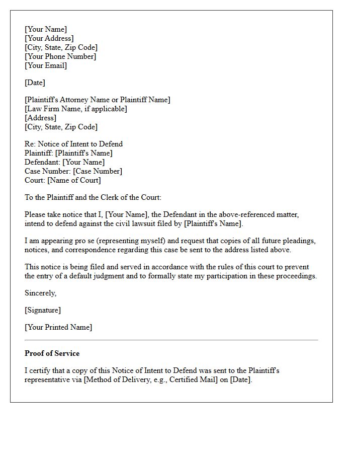 Notice of Intent to Defend Civil Lawsuit Letter