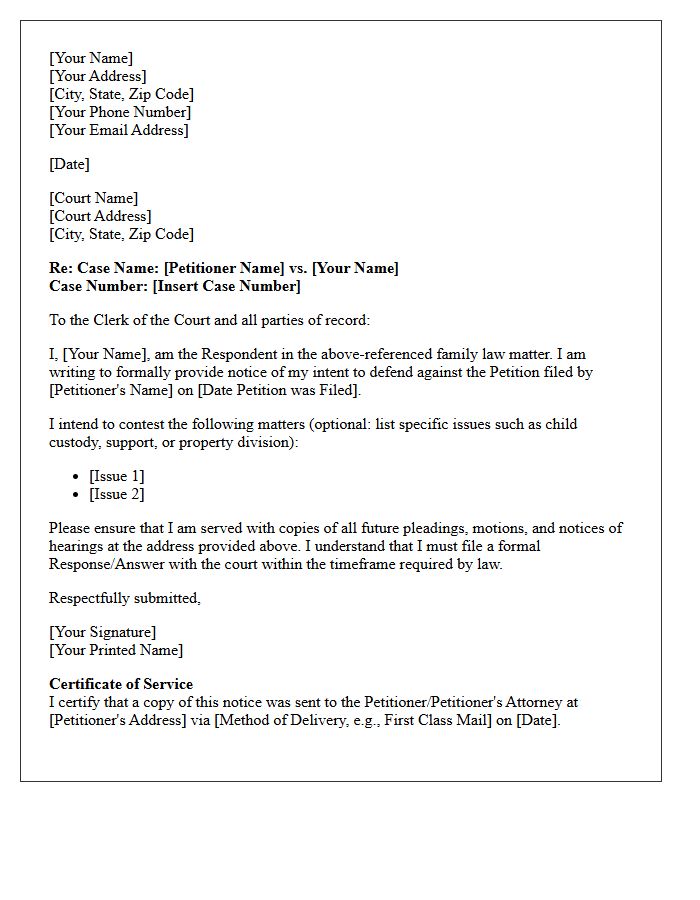 Notice of Intent to Defend Family Law Petition Letter