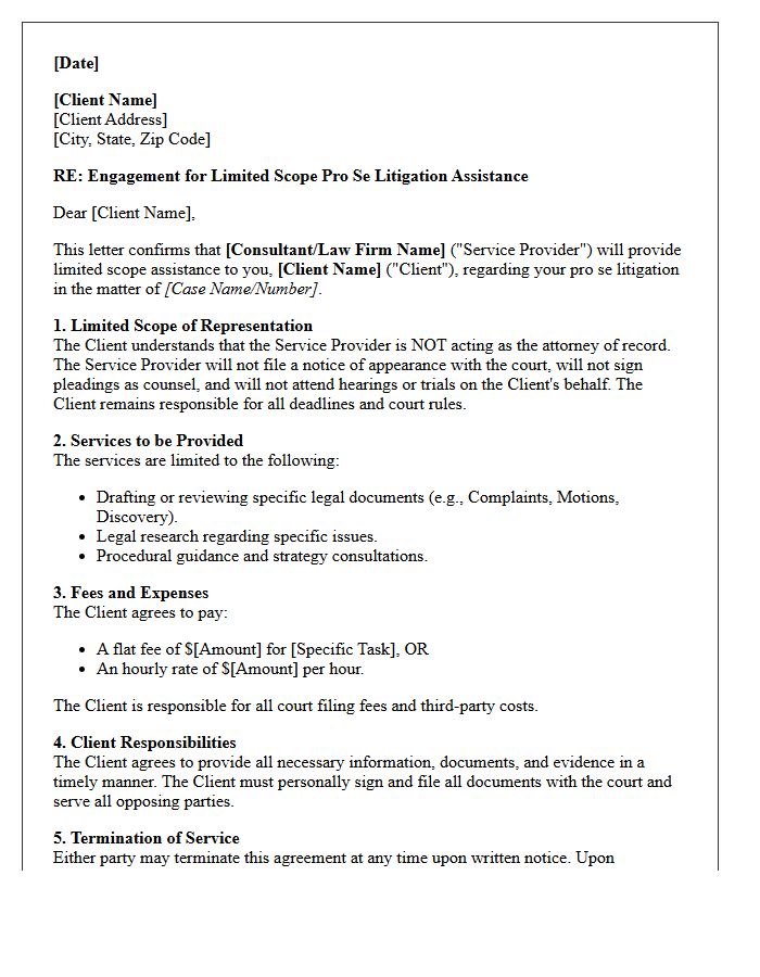 Pro Se Litigation Assistance Engagement Letter