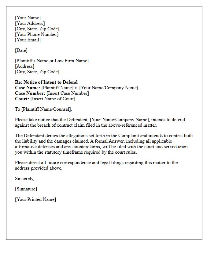 Notice of Intent to Defend Breach of Contract Claim Letter