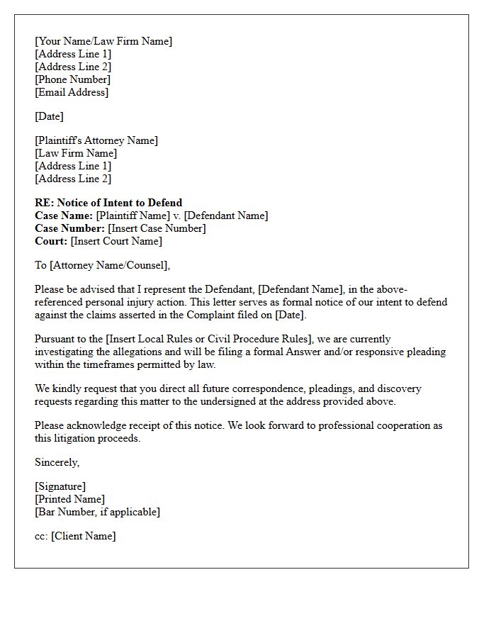 Notice of Intent to Defend Personal Injury Action Letter