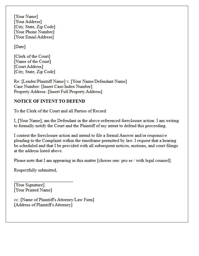 Notice of Intent to Defend Foreclosure Proceeding Letter