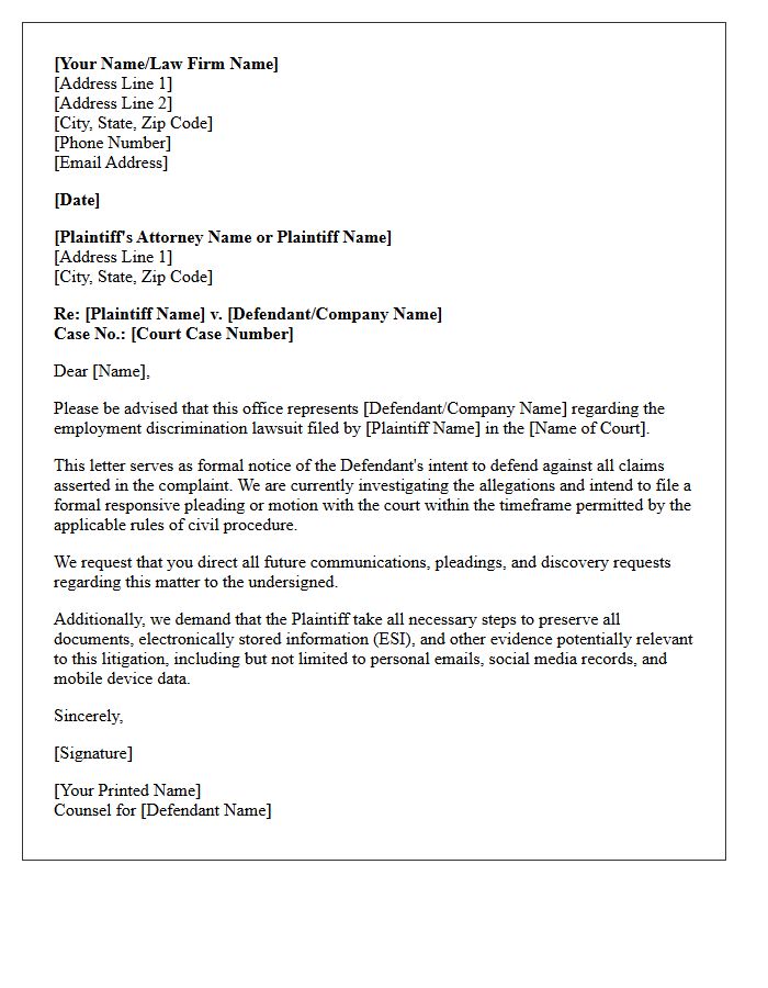 Notice of Intent to Defend Employment Discrimination Suit Letter