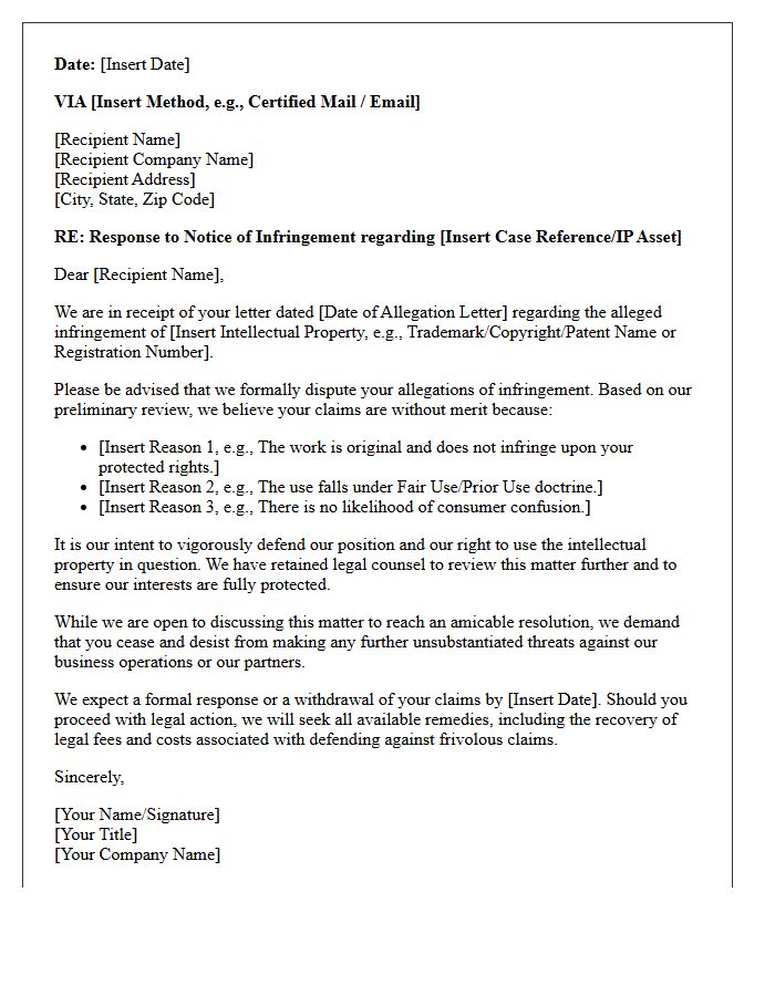Notice of Intent to Defend Intellectual Property Infringement Letter