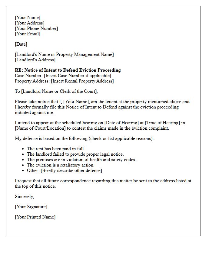Notice of Intent to Defend Eviction Proceeding Letter