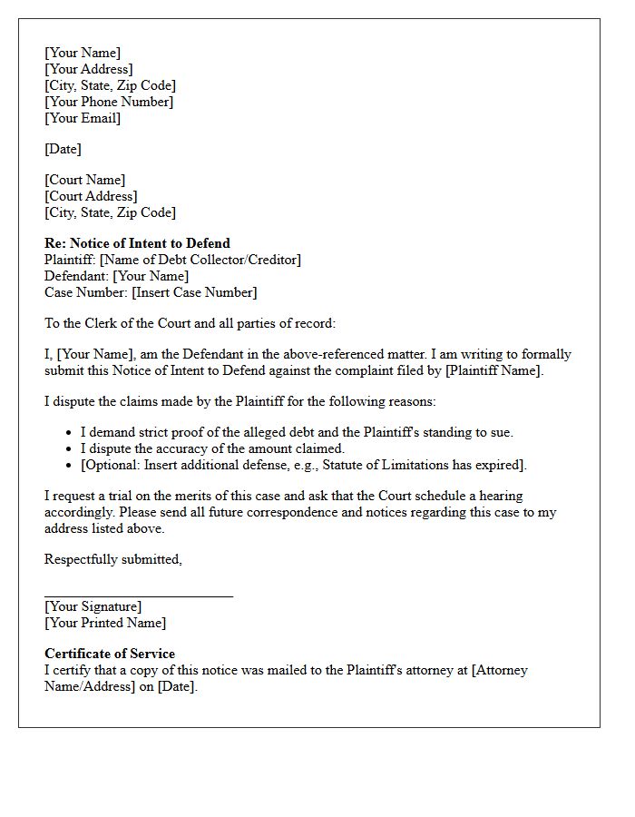 Notice of Intent to Defend Debt Collection Action Letter