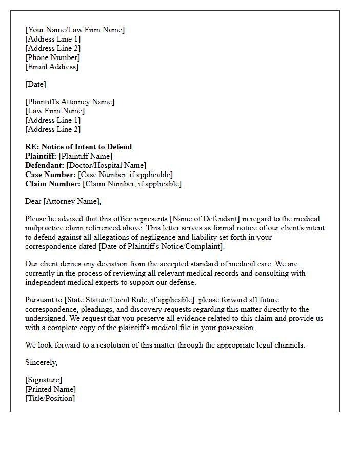 Notice of Intent to Defend Medical Malpractice Claim Letter