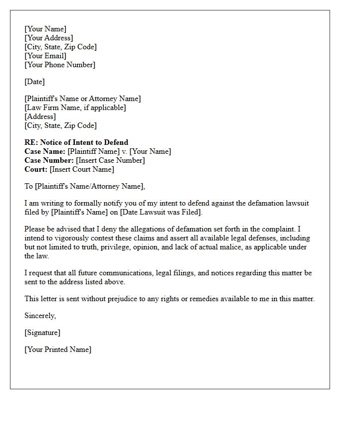 Notice of Intent to Defend Defamation Lawsuit Letter
