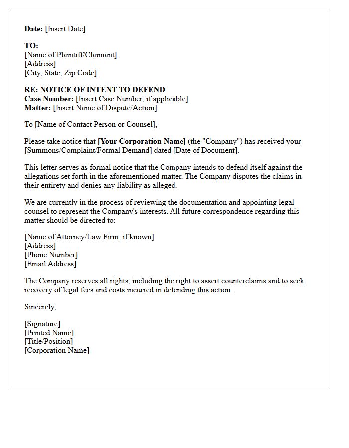 Notice of Intent to Defend Corporate Dispute Letter