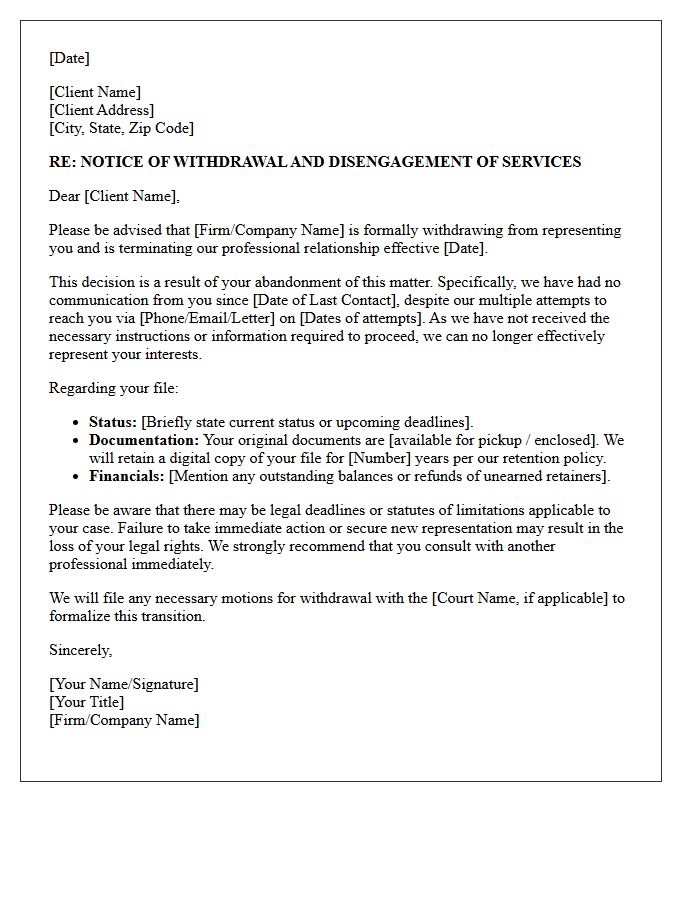 Notice of Withdrawal and Disengagement Letter Due to Abandonment