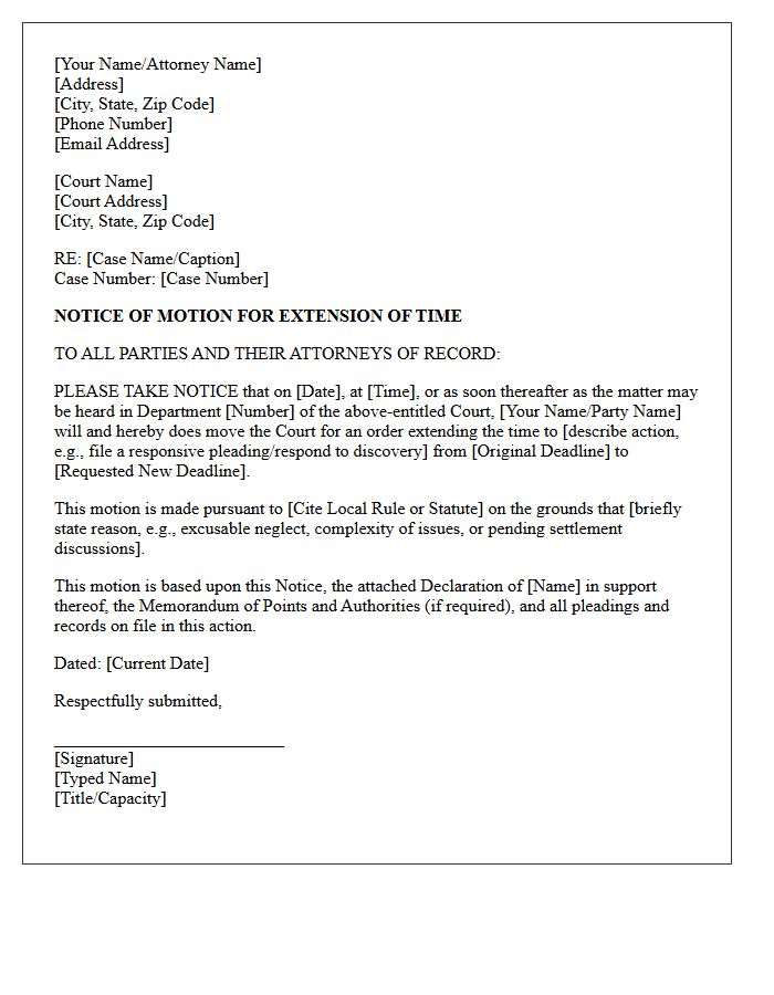 Notice of Motion for Extension of Time Letter