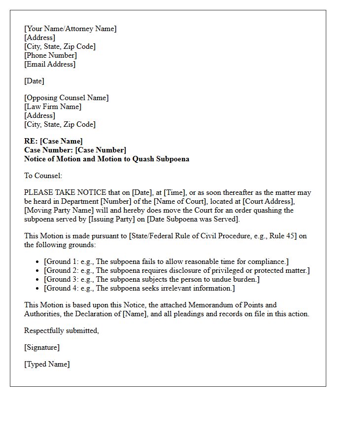 Notice of Motion to Quash Subpoena Letter