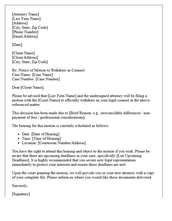 Notice of Motion to Withdraw as Counsel Letter