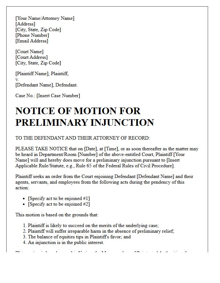 Notice of Motion for Preliminary Injunction Letter