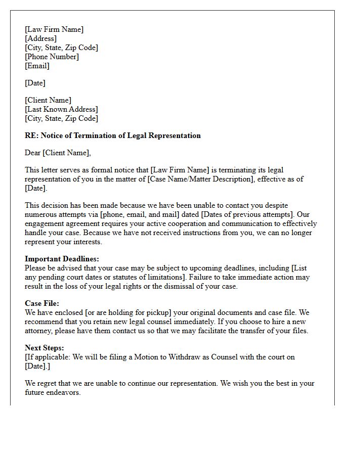 Counsel Disengagement Letter Regarding Unreachable Client