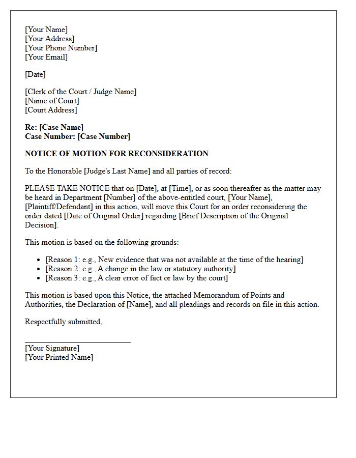 Notice of Motion for Reconsideration Letter