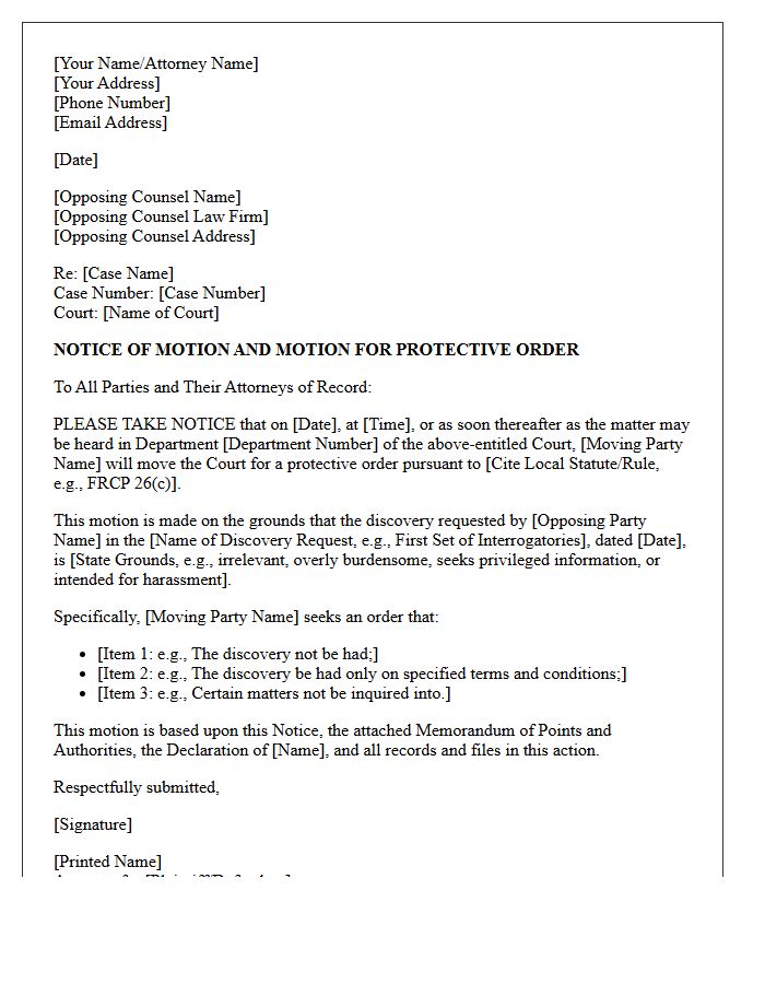 Notice of Motion for Protective Order Letter