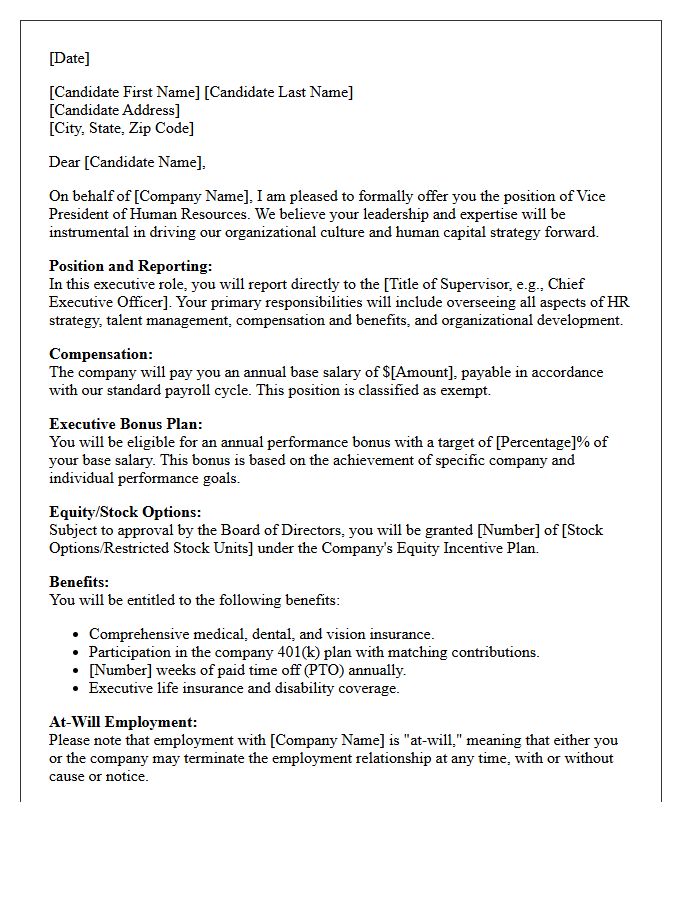 Vice President of Human Resources Offer Letter