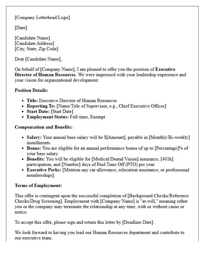 Executive Director of Human Resources Offer Letter