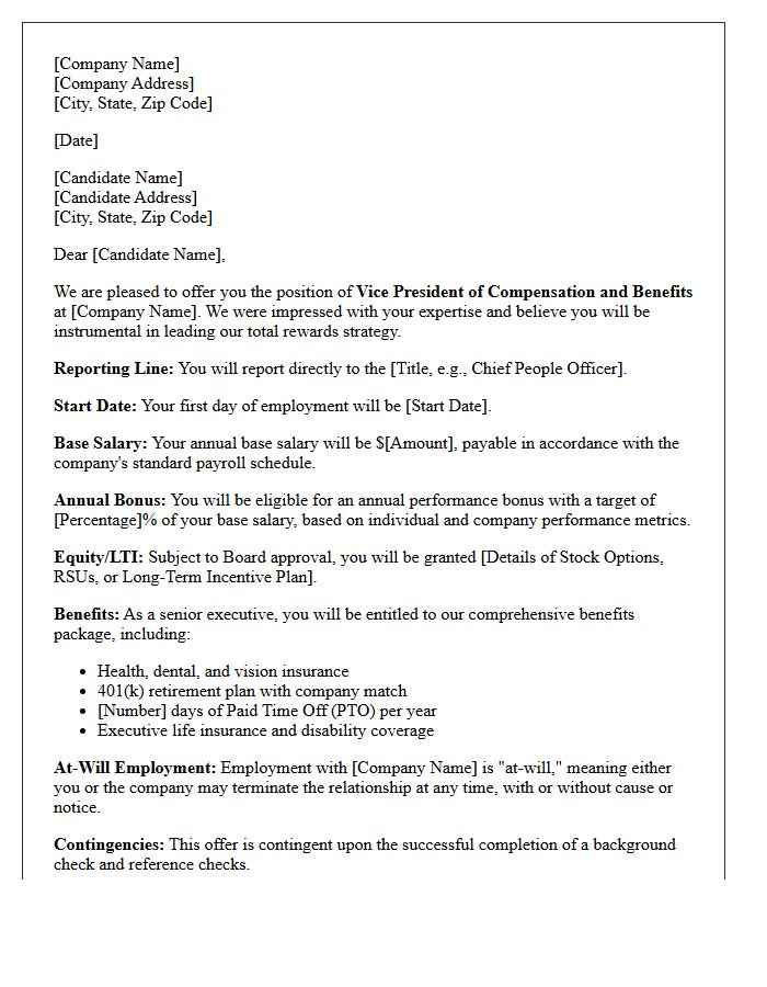 Vice President of Compensation and Benefits Offer Letter