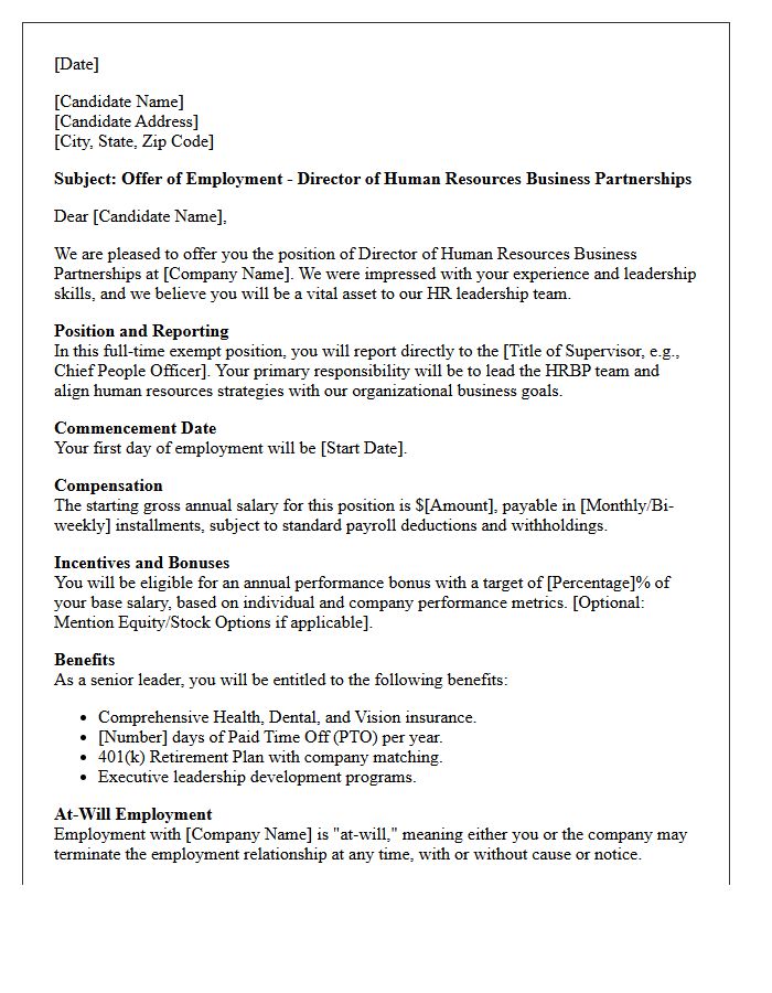Director of Human Resources Business Partnerships Offer Letter