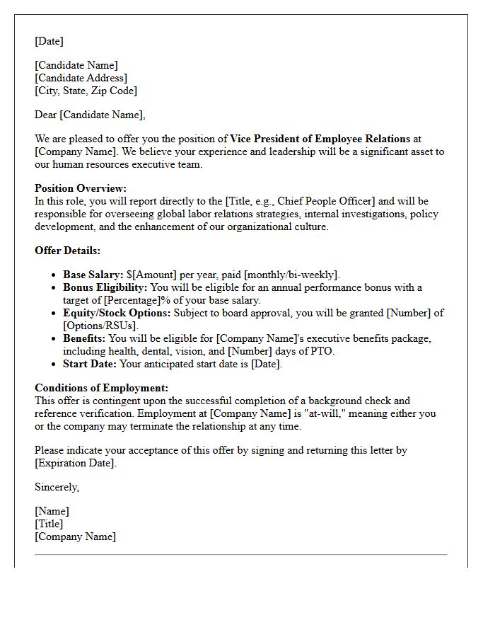Vice President of Employee Relations Offer Letter