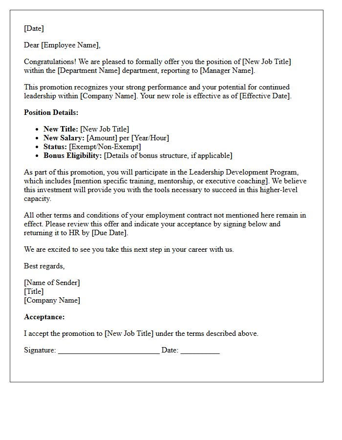 Leadership Development Internal Promotion Offer Letter