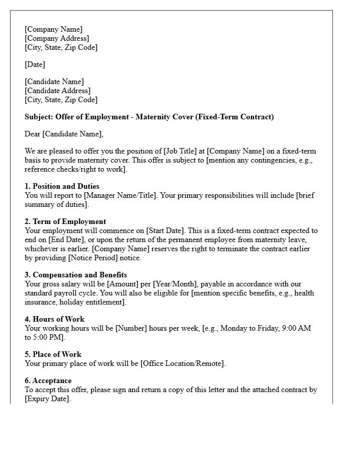 Maternity Cover Fixed-Term Contract Offer Letter