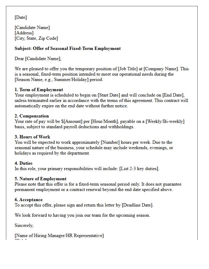 Seasonal Employment Fixed-Term Contract Offer Letter