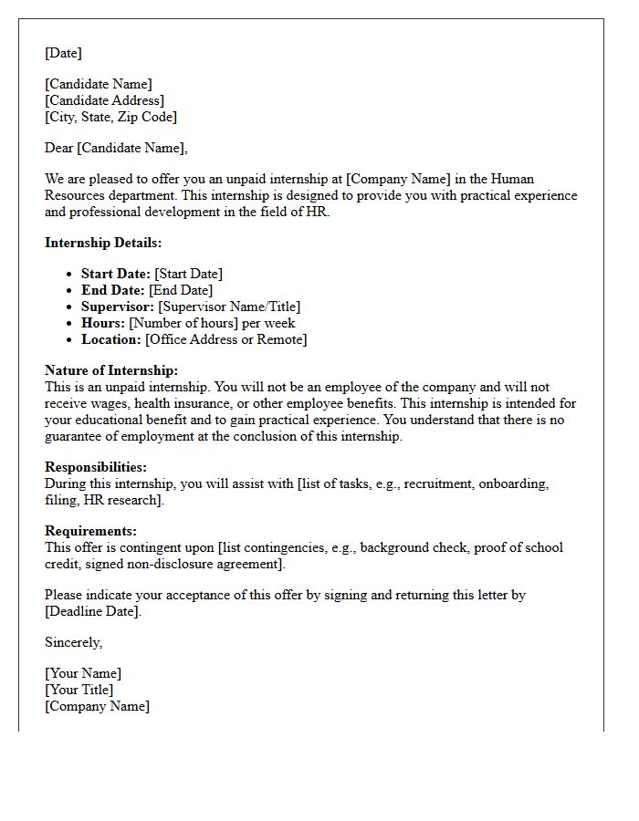Standard Human Resources Unpaid Internship Offer Letter