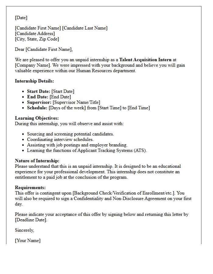 Talent Acquisition Unpaid Internship Offer Letter