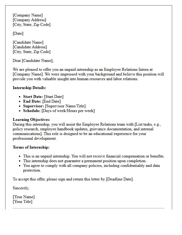 Employee Relations Unpaid Internship Offer Letter