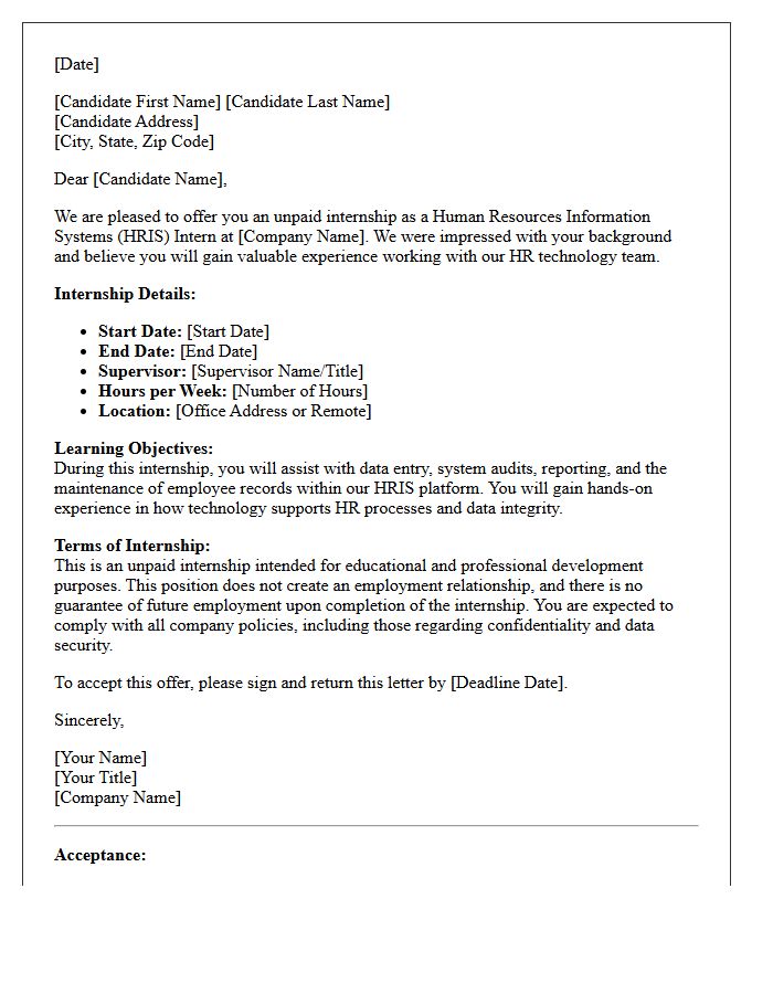 Human Resources Information Systems Unpaid Internship Offer Letter