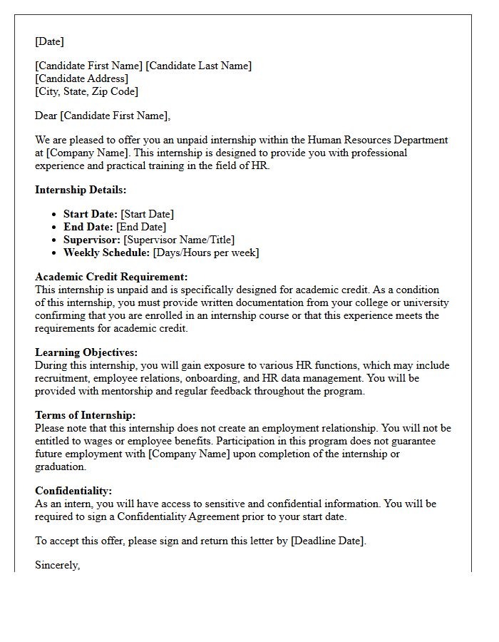 Academic Credit Human Resources Unpaid Internship Offer Letter