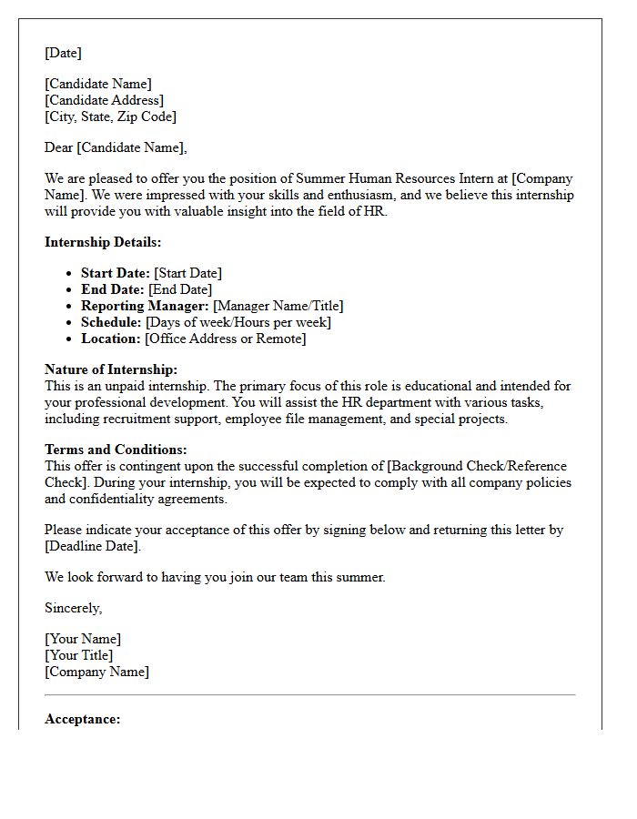 Summer Human Resources Unpaid Internship Offer Letter