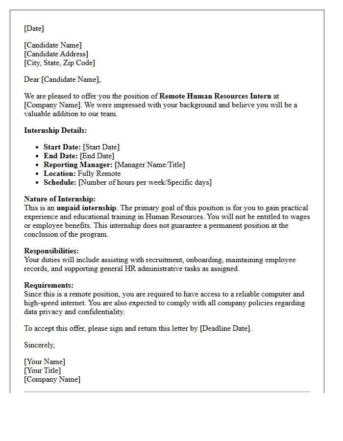 Remote Human Resources Unpaid Internship Offer Letter