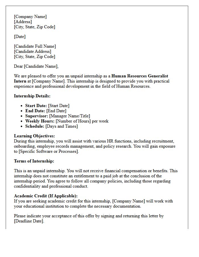 Human Resources Generalist Unpaid Internship Offer Letter