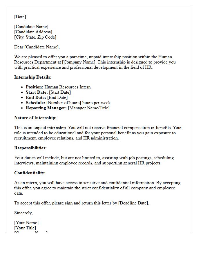 Part-Time Human Resources Unpaid Internship Offer Letter