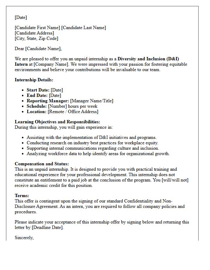 Diversity And Inclusion Unpaid Internship Offer Letter