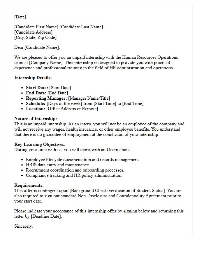Human Resources Operations Unpaid Internship Offer Letter
