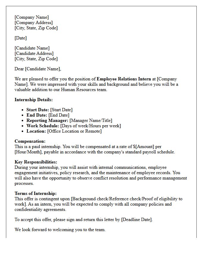 Employee Relations Paid Internship Offer Letter