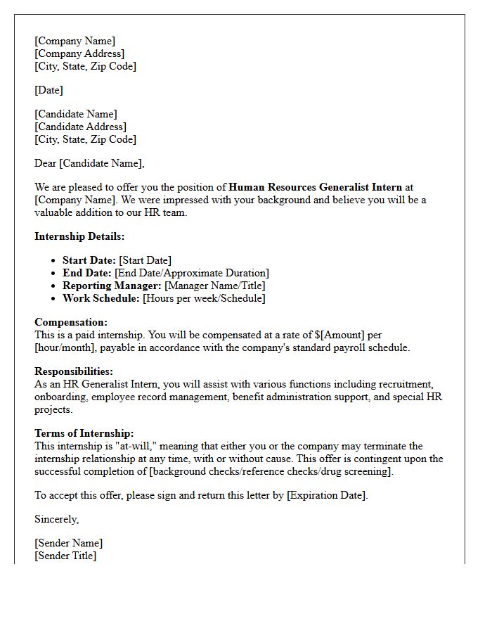 Human Resources Generalist Paid Internship Offer Letter