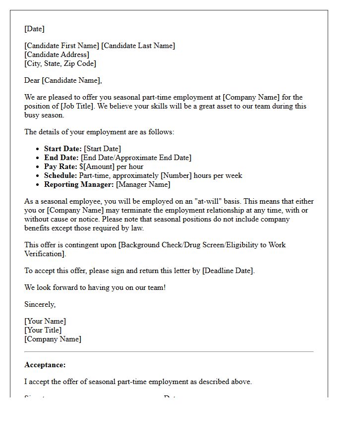 Seasonal Part-Time Employment Offer Letter