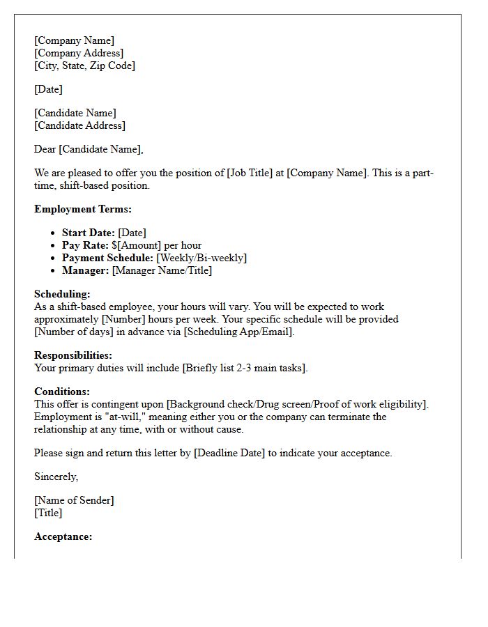 Shift-Based Part-Time Employment Offer Letter