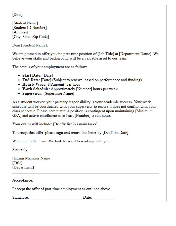 Student Worker Part-Time Employment Offer Letter