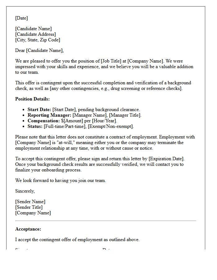 Contingent Employment Offer Letter Pending Background Check Verification