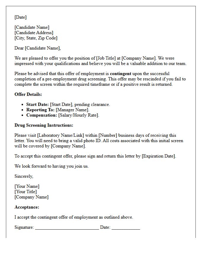 Contingent Employment Offer Letter Pending Negative Drug Screen Results