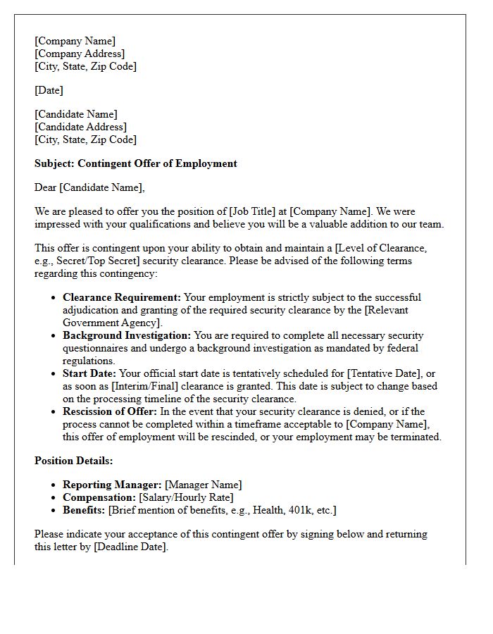 Contingent Employment Offer Letter Pending Security Clearance Approval