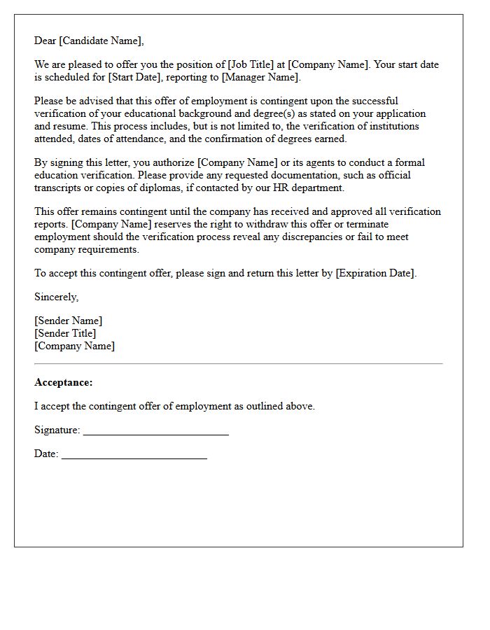 Contingent Employment Offer Letter Subject to Education and Degree Verification